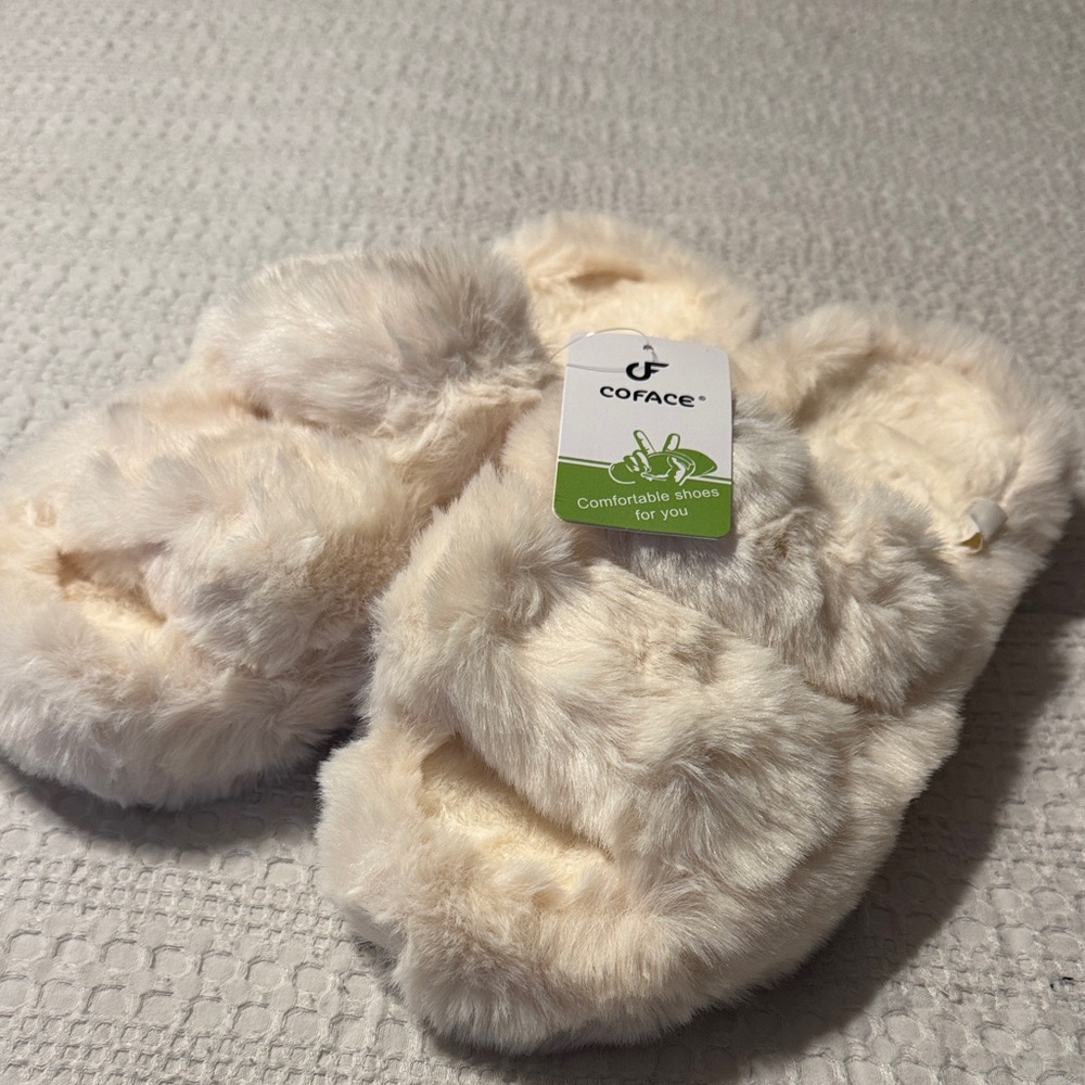 COFACE Women's Fuzzy Slippers Memory Foam Open Toe Slip On House Shoes Size 9
